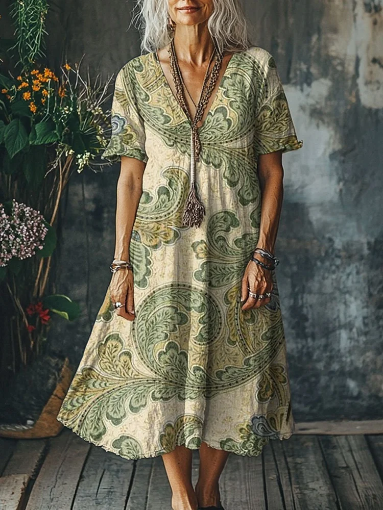 Women's  Flowers Art  Print Pocket Cotton Dress