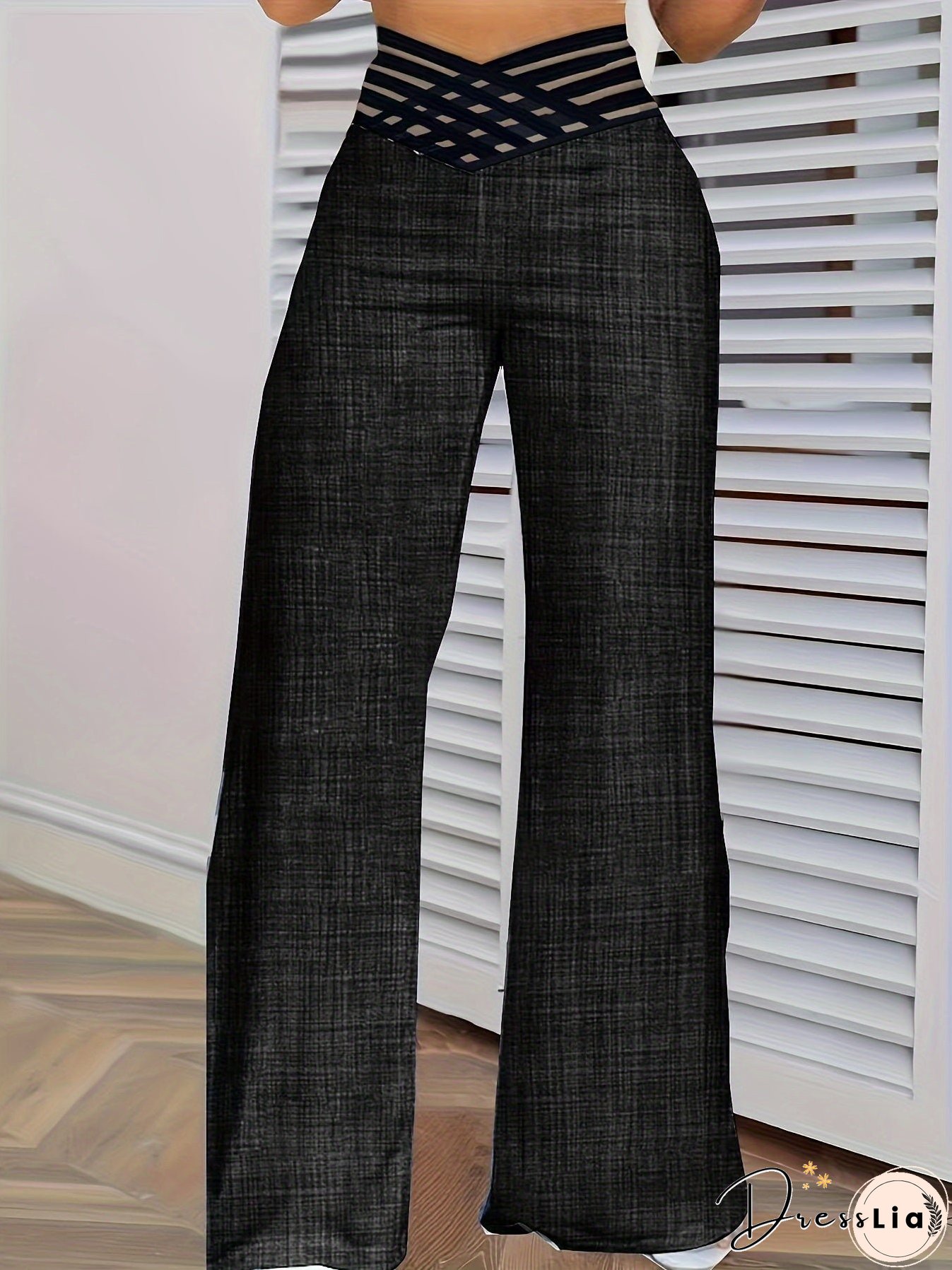 Cross Waist Wide Leg Pants, Casual Loose Mesh Stitching Pants, Women's Clothing