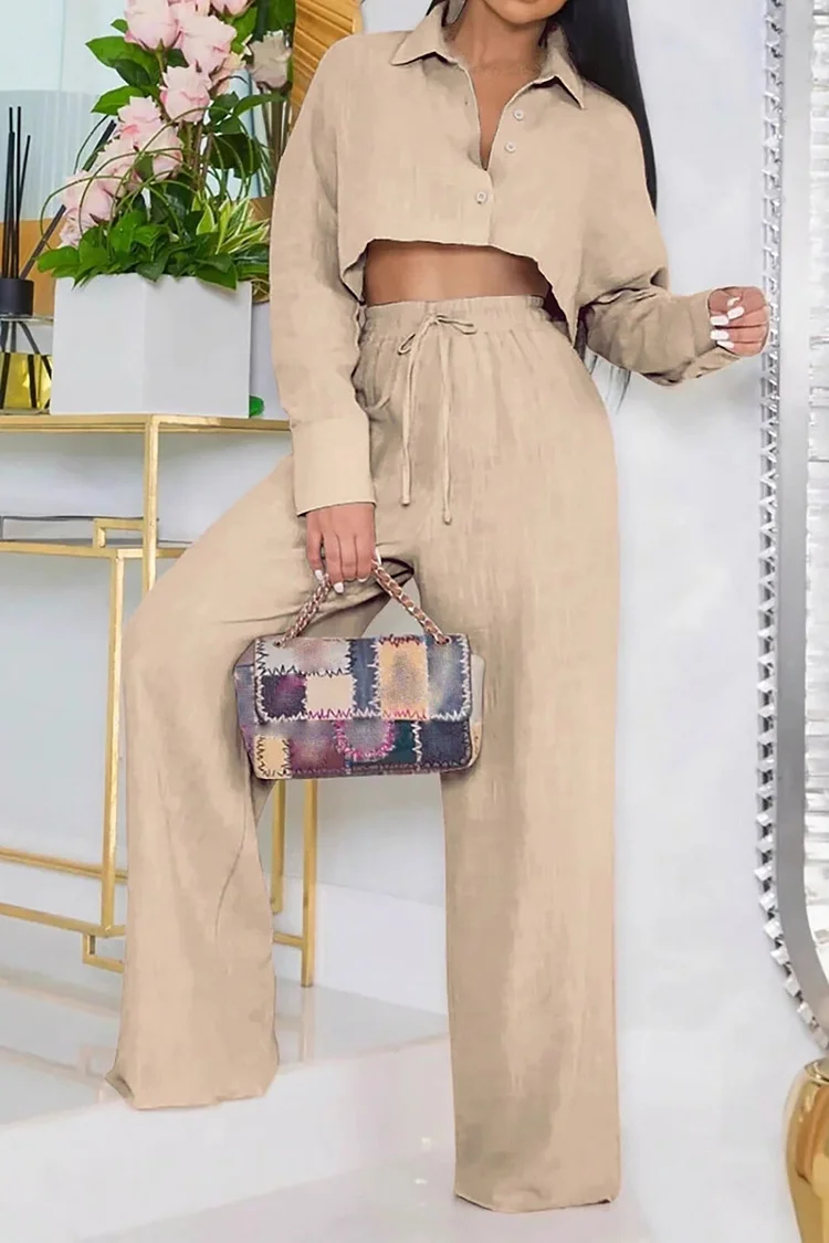 Turndown Colllar Crop Blouse Solid Color Wide Leg Pants 2pcs Set-Beige