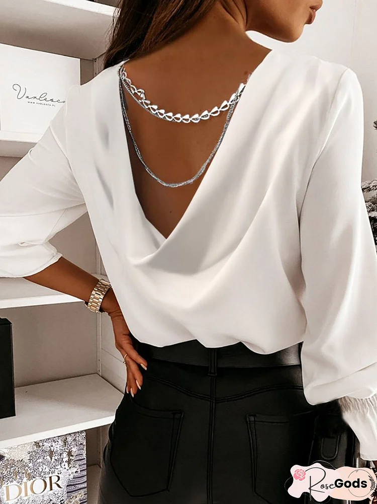 Elegant Plain V Neck Loose Chain Blouse