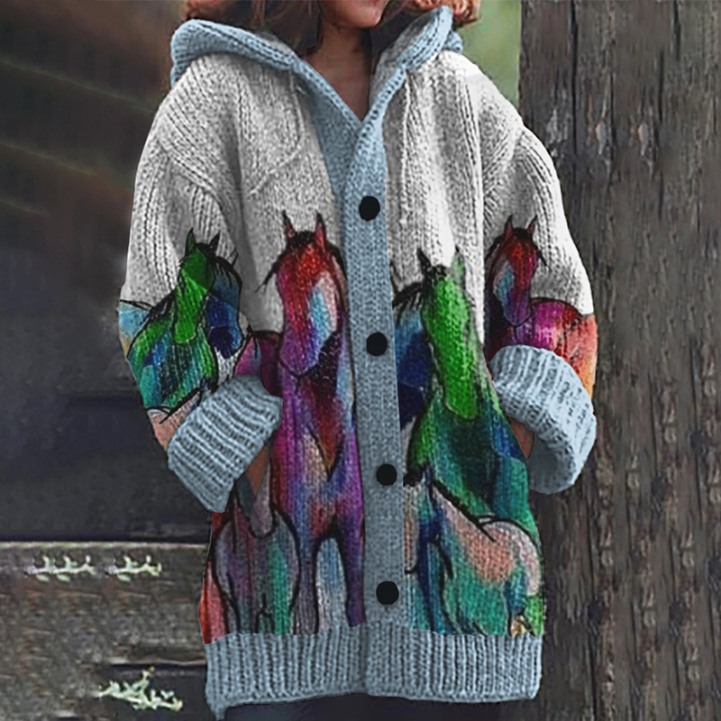 Comstylish Leisure Horse Watercolor Art Hooded Long Cardigan