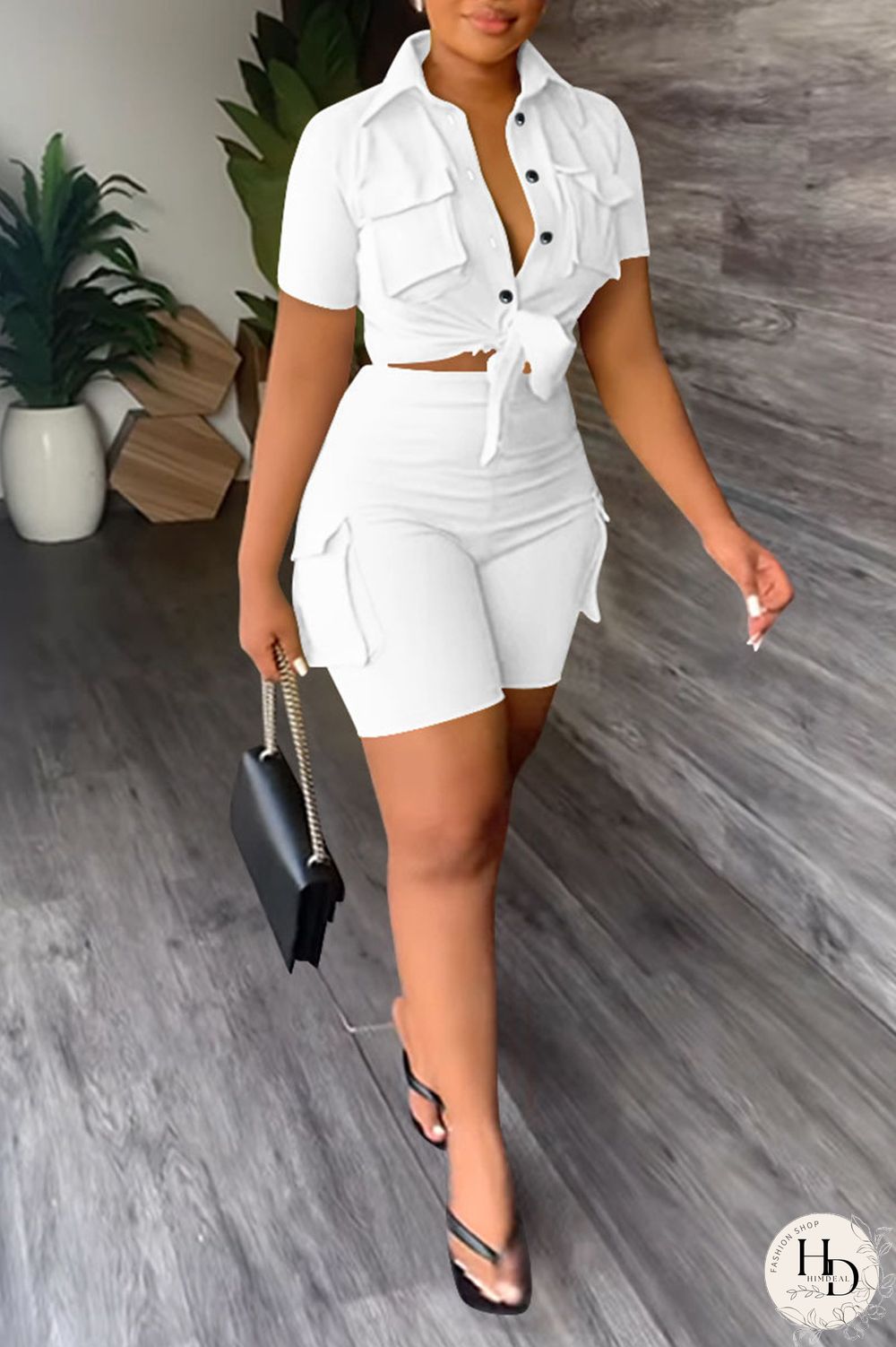 Khaki Casual Solid Bandage Patchwork Pocket Buckle Turndown Collar Short Sleeve Two Pieces