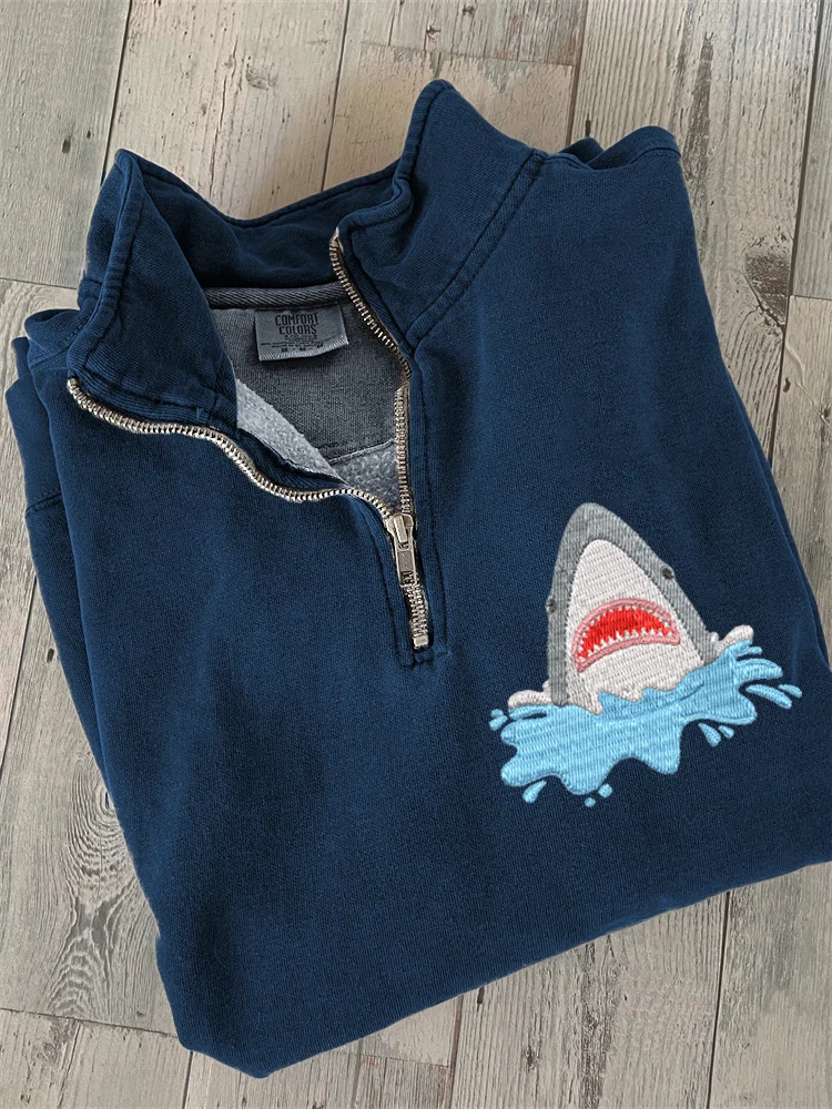 Shark Jaw Hand-embroidered Pattern Zipper Stand-up Sweatshirt