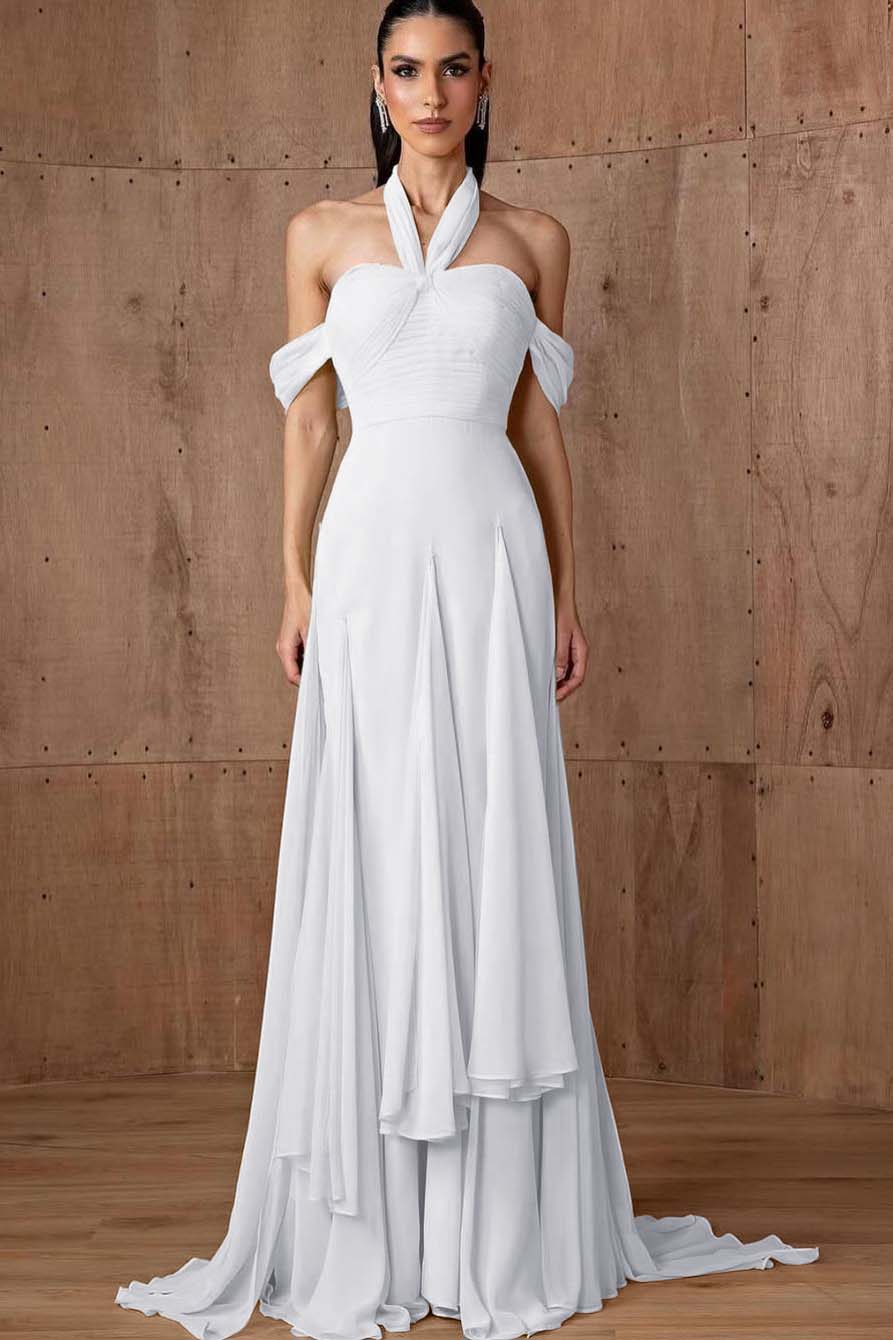 Daffodil Chiffon Halter Off-the-Shoulder Long Pleated Prom Dress