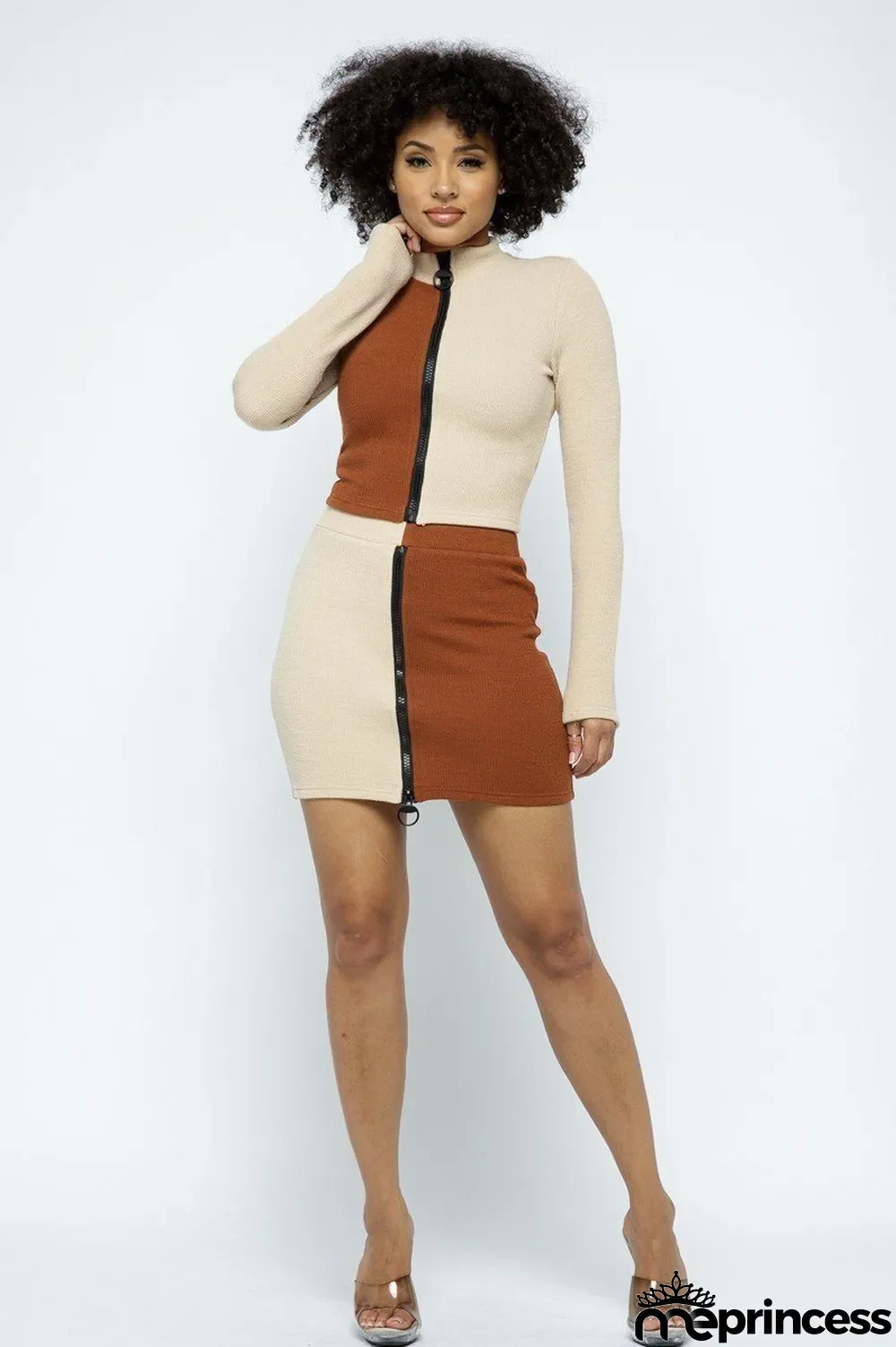 Fashion Splice Long Sleeve Mini Skirts Two Piece Set