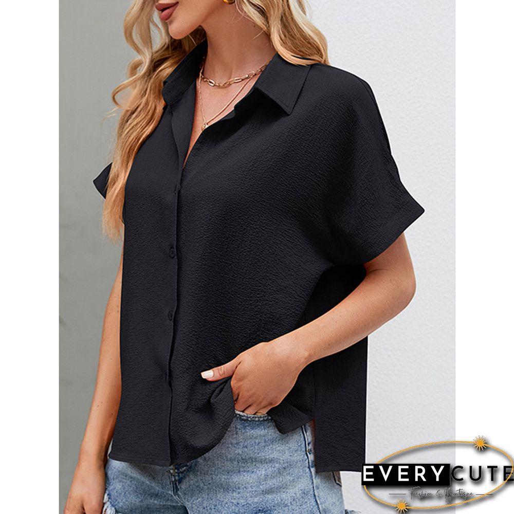 Black Button Lapel V Neck Short Sleeve Shirt