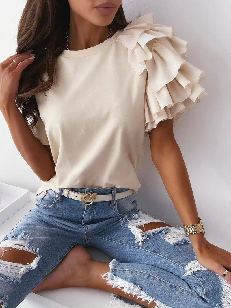 Graduation Gifts  2022 Fashion New Summer Simple Ruffle Short-sleeved Round Neck Ladies T-shirt Women's Casual Office Tops Soild Color