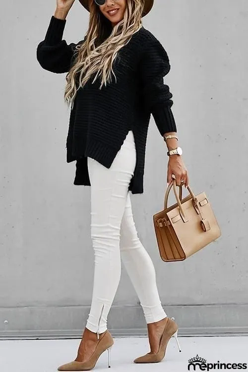 High Neck Side Slit Sweater