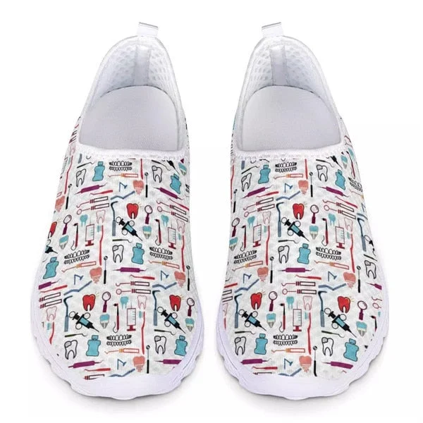 Comemore Cute Cartoon Nurse Women Slip On Sneakers Dentist Mesh Ladies Shoes Light Casual Summer Moccasin Autumn Loafers White
