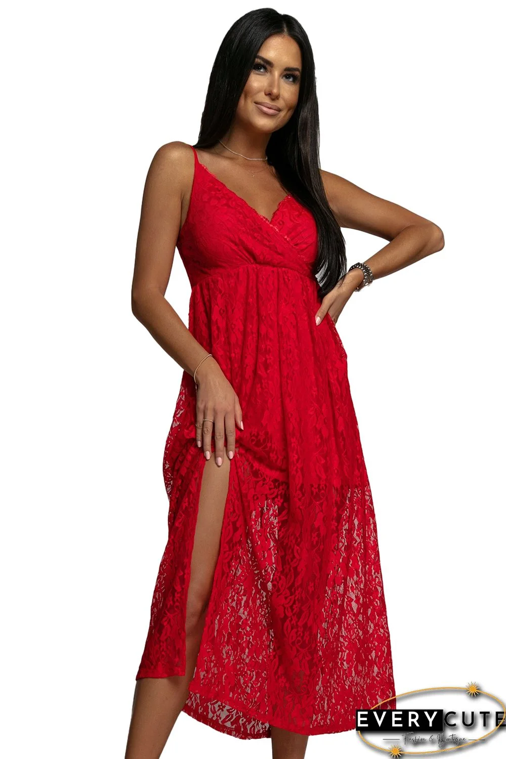 Red Lace V Neck Wrap Spaghetti Straps Maxi Dress