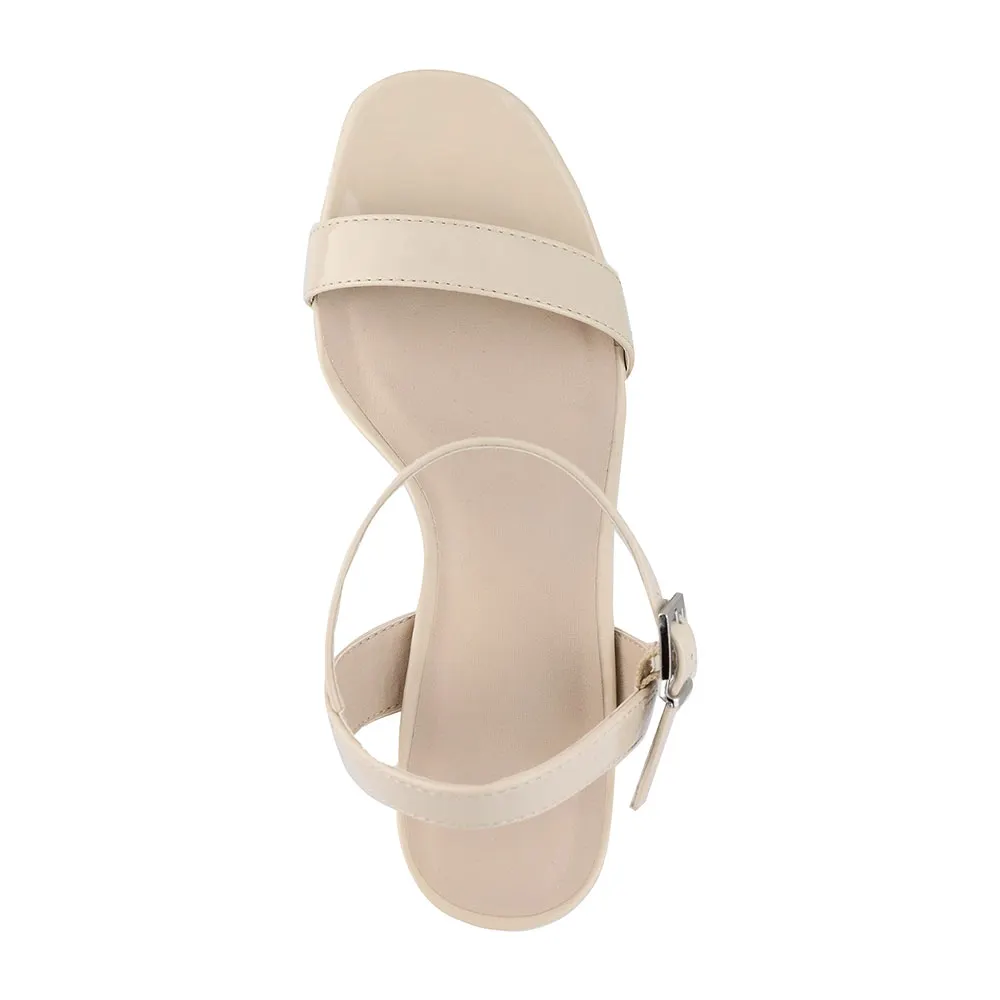 Beige Square Toe Chunky Heel Ankle Strap Platform Sandals with Buckle