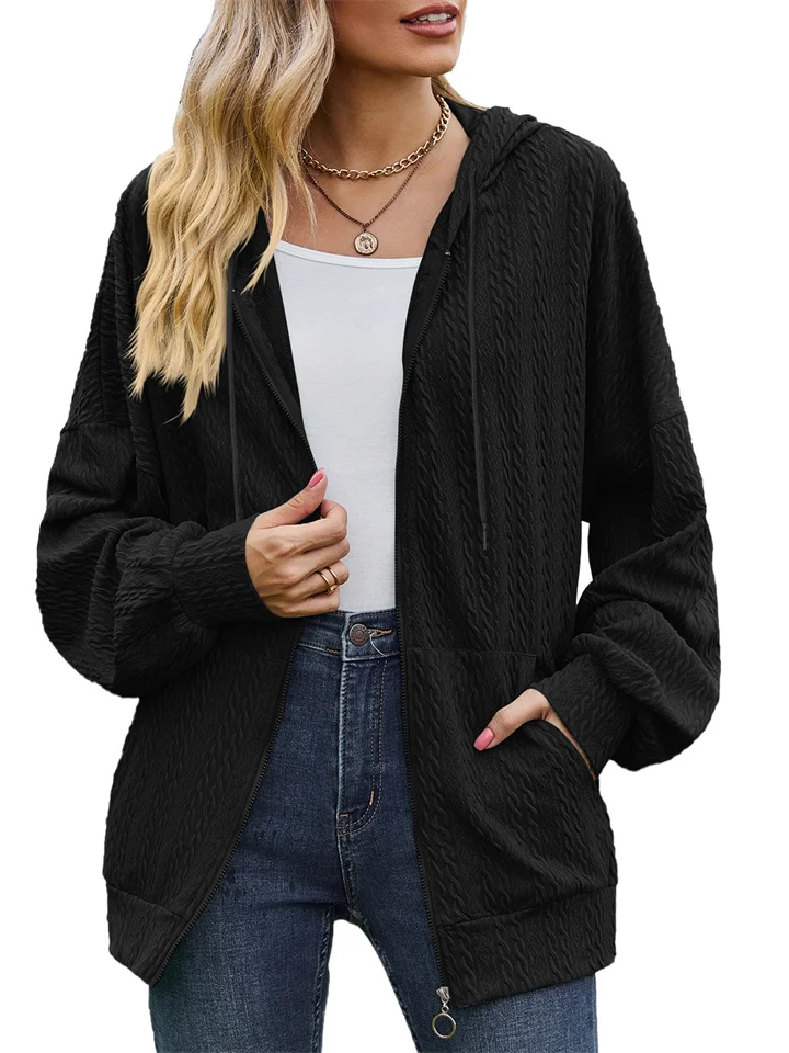 Autumn and Winter New Solid Color Pockets Long-sleeved Loose Hooded Sweater Women Loose Type Jacket | 168DEAL