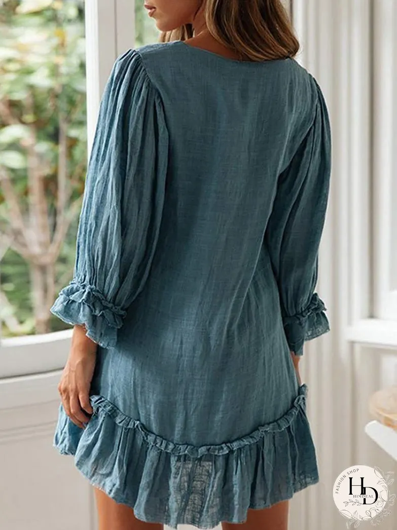 Dresses V Neck Button Long Sleeve Ruffle Dress for Women