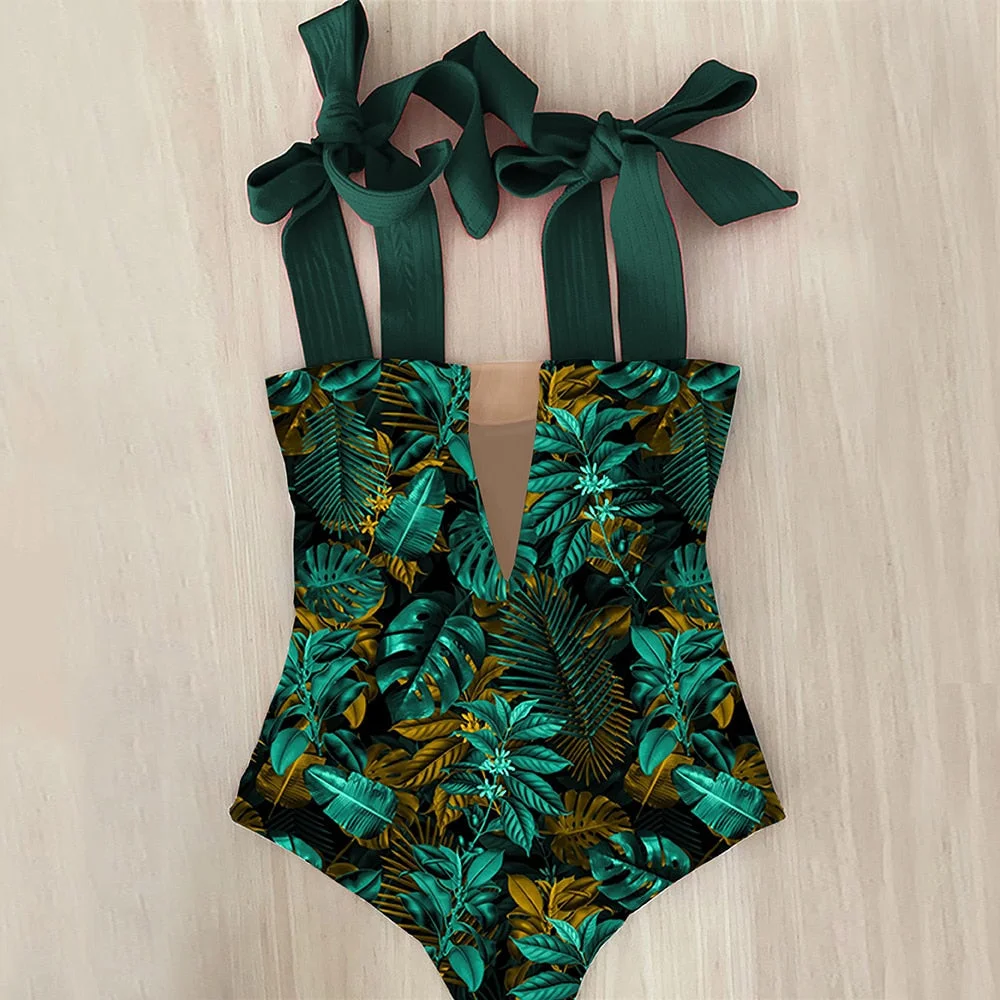 2022 New Sexy One Piece Swimsuit Shoulder Strappy Swimsuit Print Floral Swimwear Women Backless Bathing Suit Beach Wear Monokini