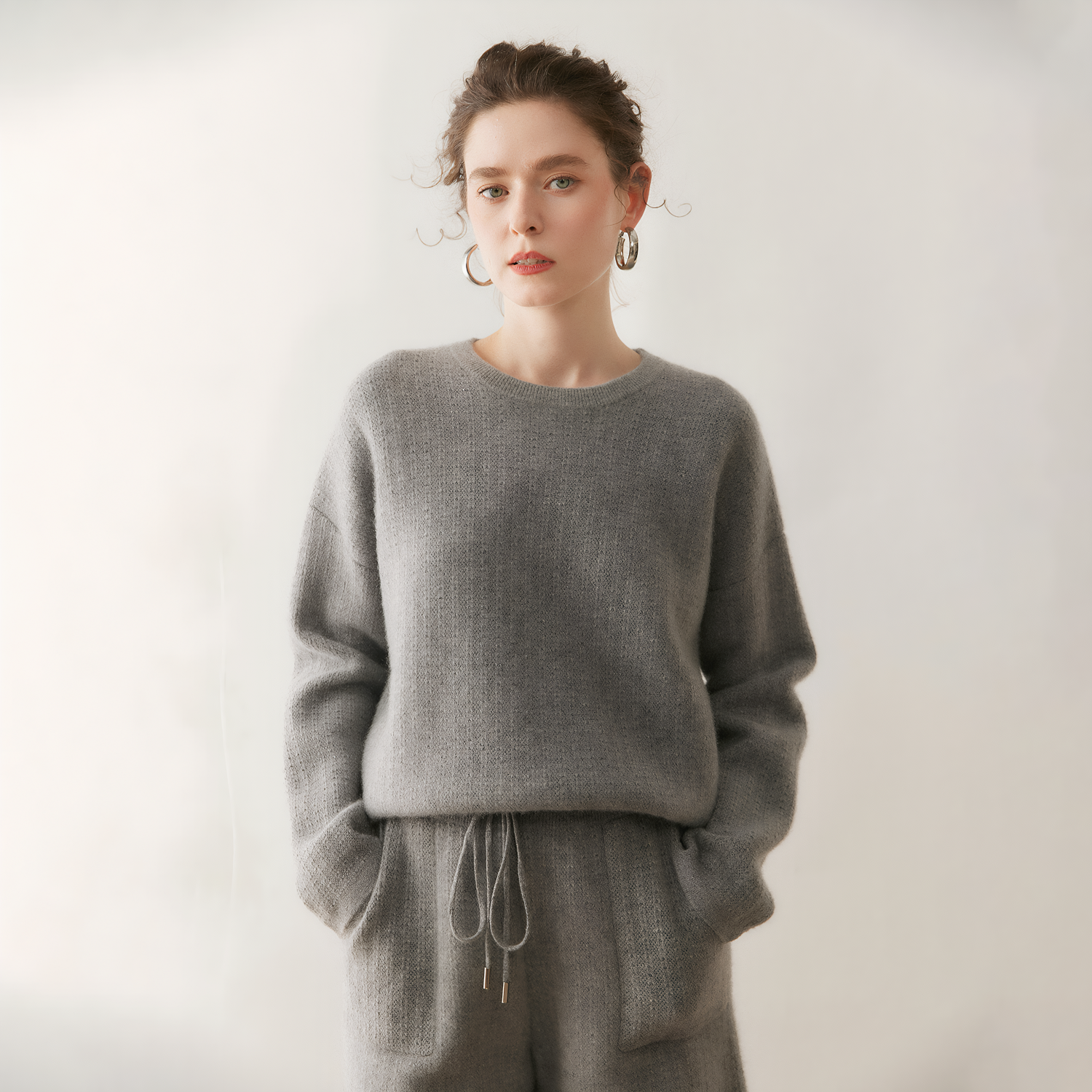 Women's Relaxed Fit Cashmere Knit Crewneck Sweater and Shorts Set REAL SILK LIFE