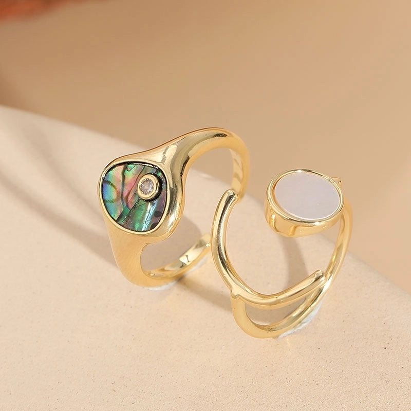 Elegant Luxurious Classic Style Geometric Copper Plating Inlay Shell Zircon 14k Gold Plated Open Ring