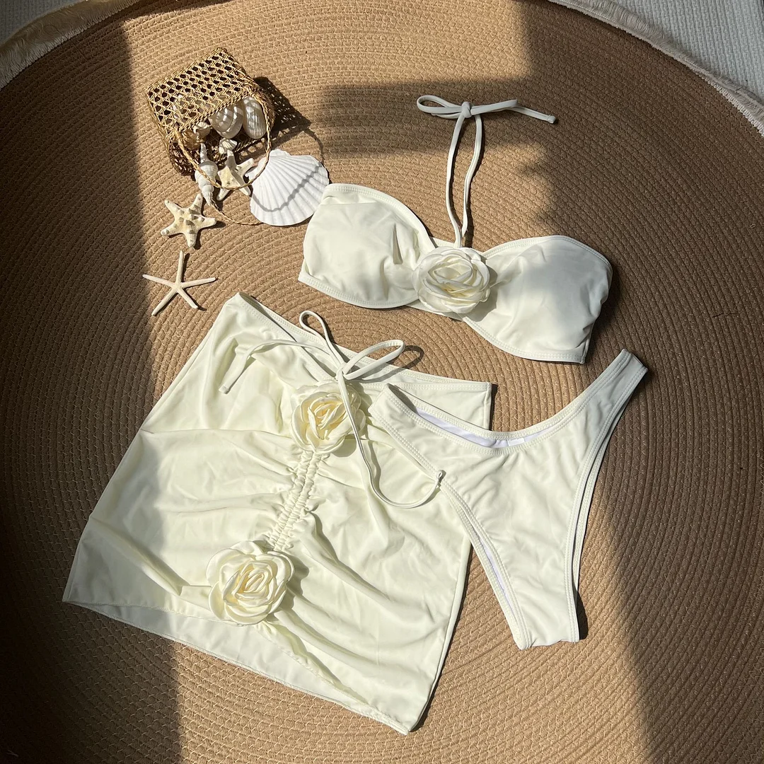 Brownm 2024 New Sexy Rose Slings Solid Three-Piece Set Swimsuit Bikini