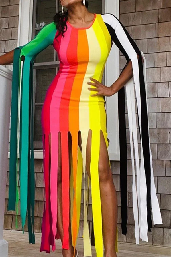 Color Block Dramatic Tassel Midi Dress