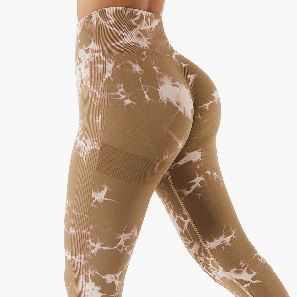 Types of brown high waist side stripes back contour scrunch butt lifting sweat-wicking tie-dyed nylon tight seamless workout leggings at a great price on Hergymclothing