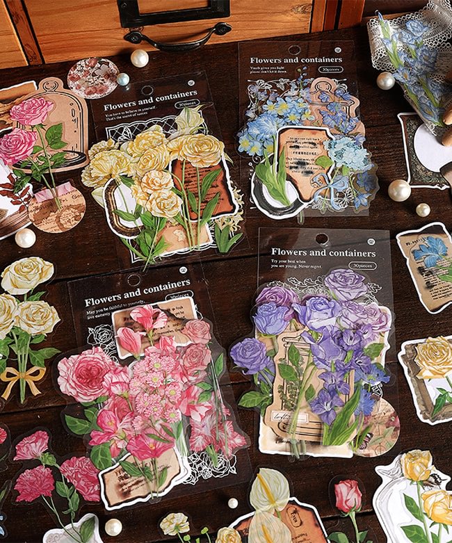 120 Pcs Flowers With Containers Stickers & Material Paper Set-Himinee.com