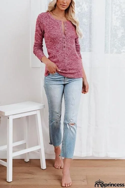 Button O Neck Knit Long Sleeve Top