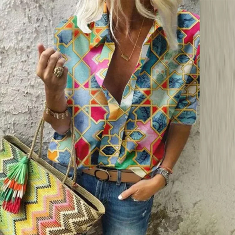 Geometric Printed Lapel Blouse