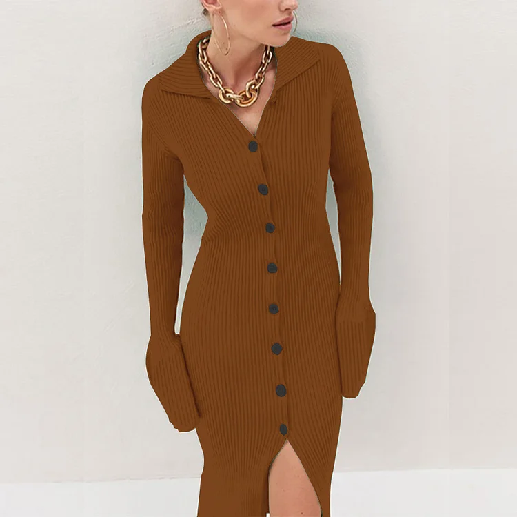 Fashion Solid Color Single Breasted Elegant Slit Slim Casual Sweater Dress