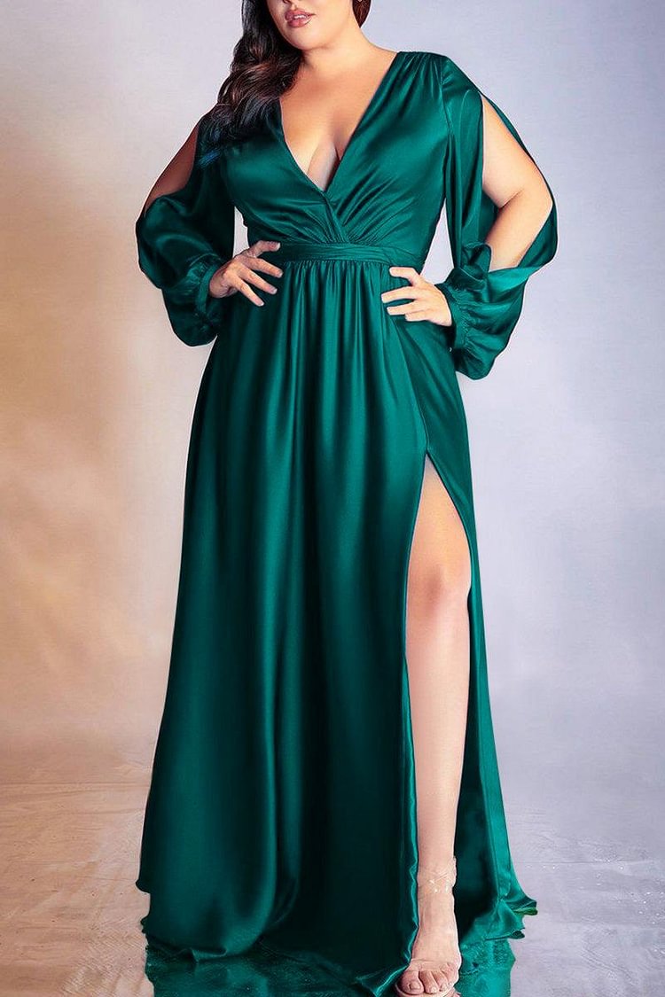 Xpluswear Plus Size Formal Emerald Green Long Sleeve Satin V-Neck Maxi Dress