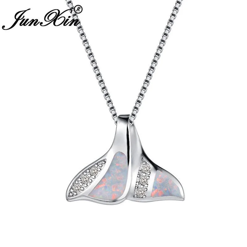 Boho Female Mermaid Tail Necklace Blue White Fire Opal Necklaces & Pendants Fashion Silver Color Animal Wedding Jewelry