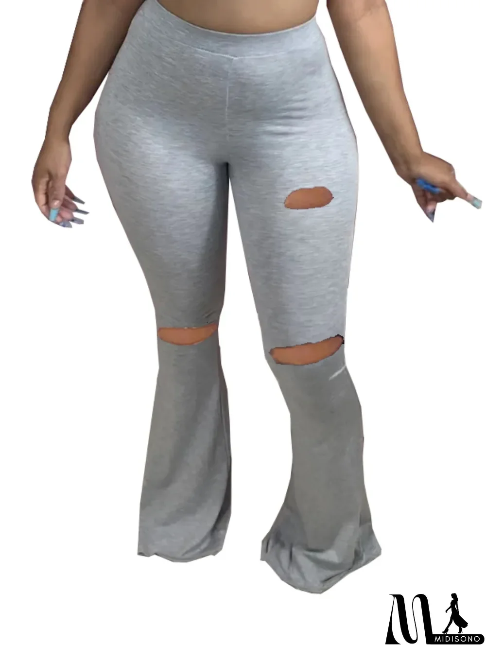 MidiSono - Solid Color High Waist Ripped Flare Pants