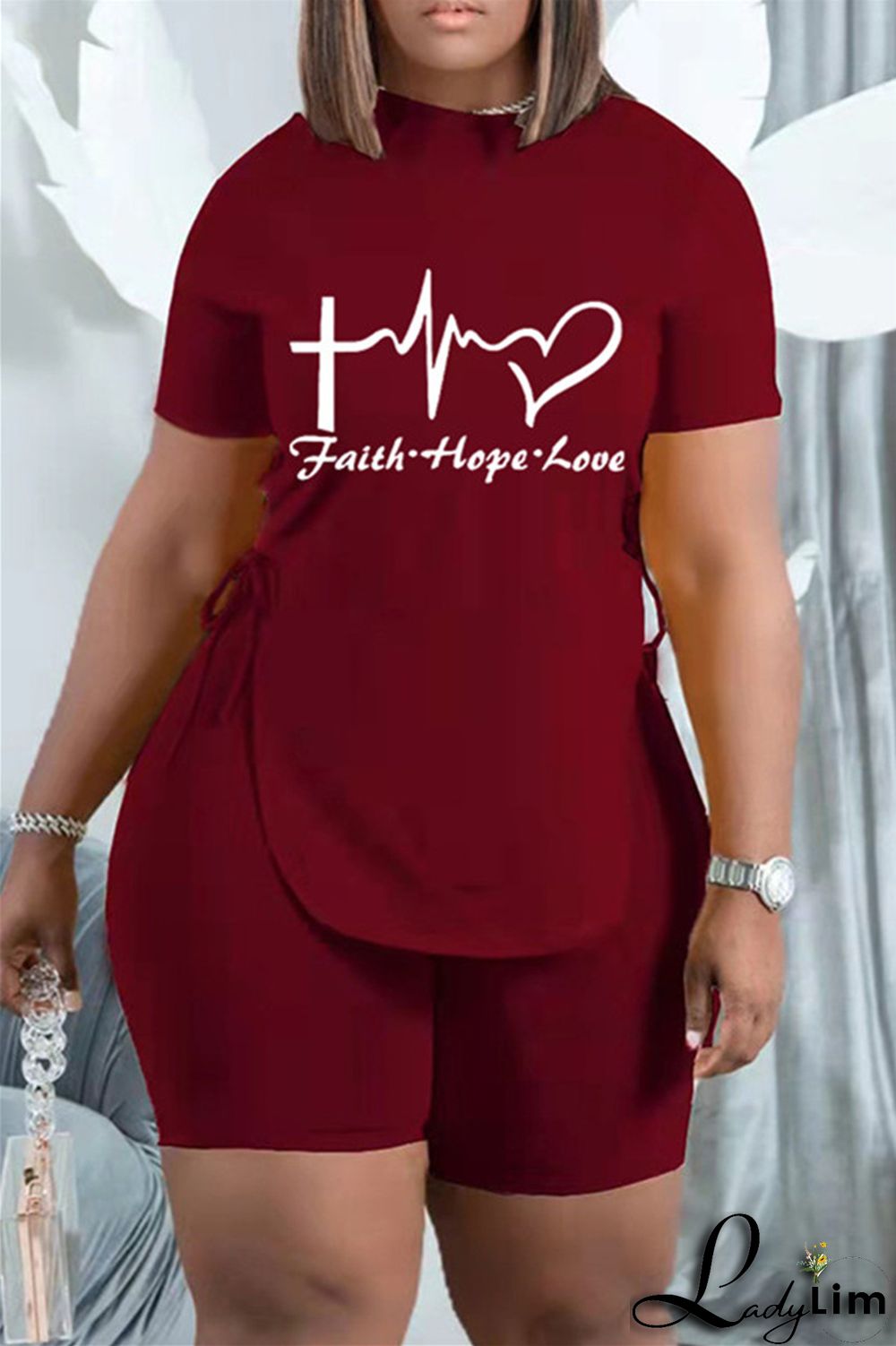 Khaki Fashion Casual Print Bandage Slit O Neck Short Sleeve Two Pieces