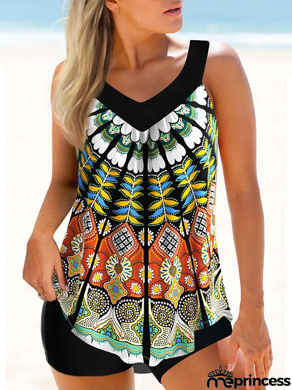 Women Strap Floral Printed Colorblock Tankini Set