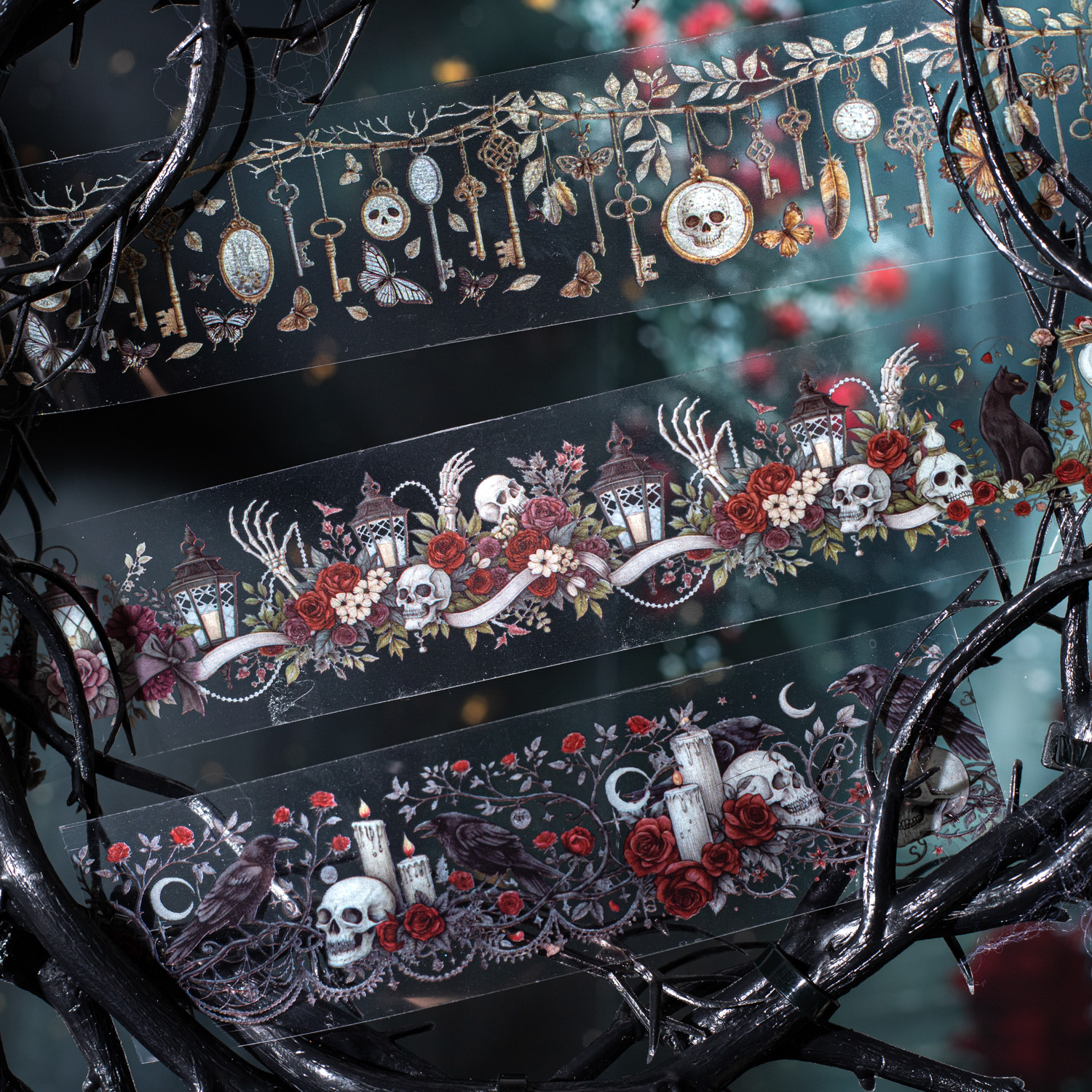 PET 테이프 - 40mm*200cm 다크 나이트 로즈 시리즈 고딕 스컬