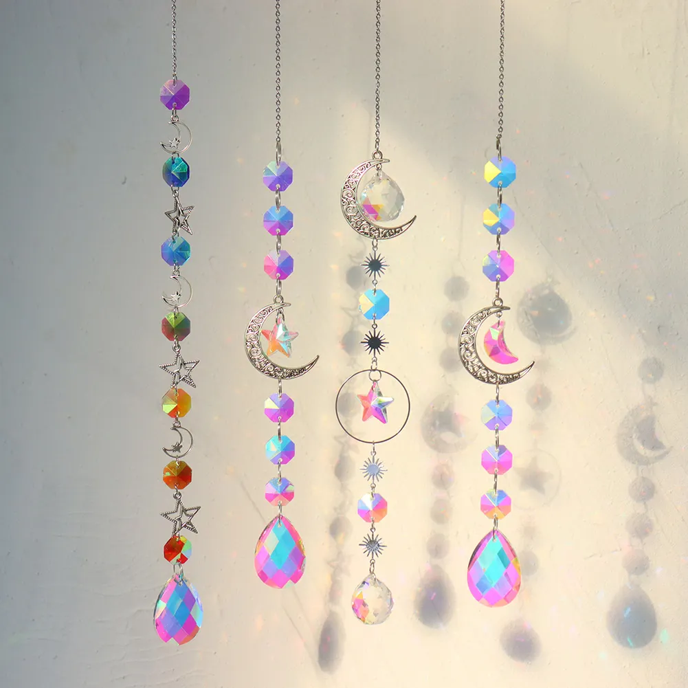 Crystal Windchime Ornament Hexagonal Feather Butterfly Hanging Wall Pendant