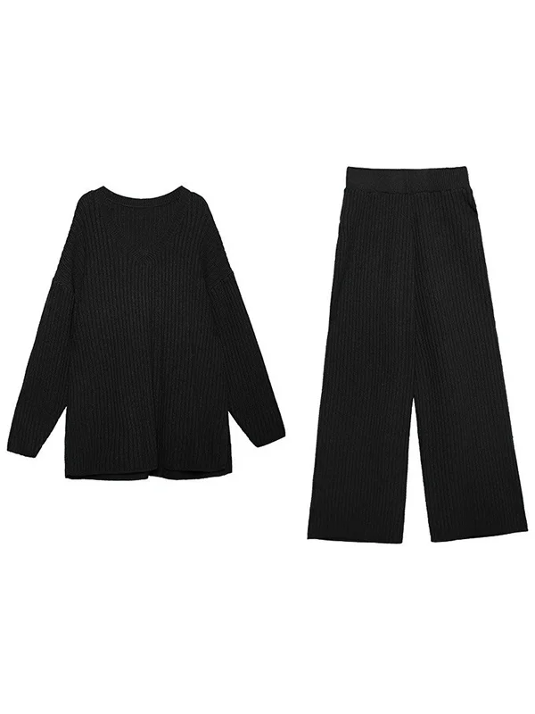 Stylish Pure Color Split-Side V-Neck Sweater Top+Wide Leg High Waisted Pants Two Pieces Set