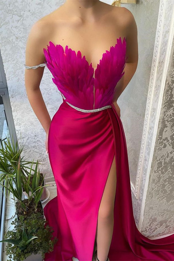 Luluslly Hot Pink Sweetheart Prom Dress Mermaid Slit With Feather