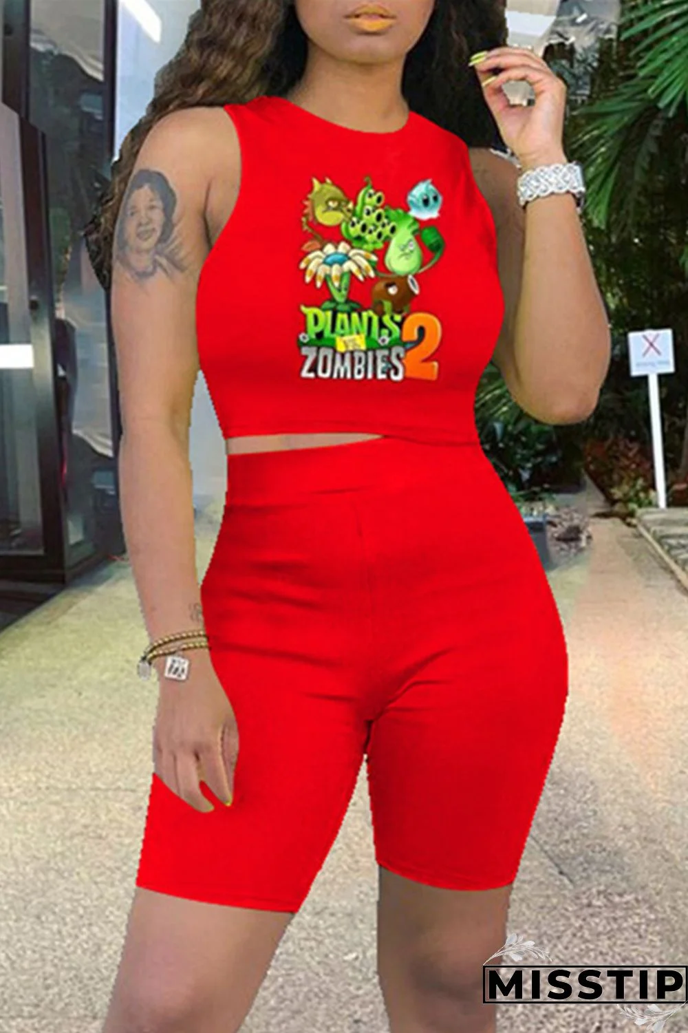 Red Fashion Casual Print Vests O Neck Sleeveless Two Pieces