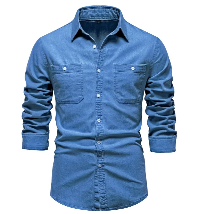 Men's Casual Solid Color Long-sleeved Denim Shirt