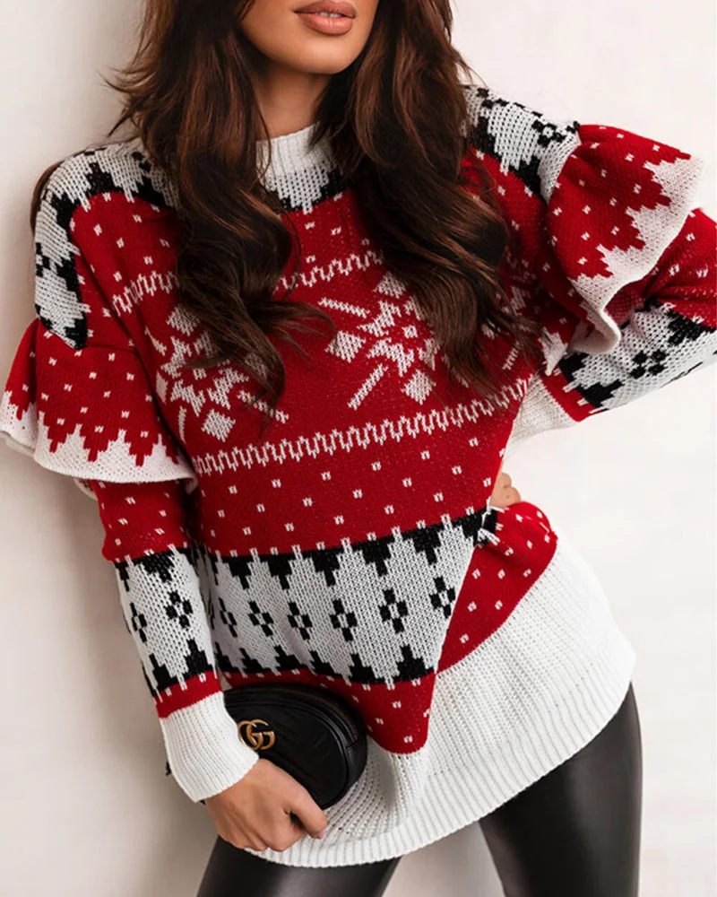 Christmas Jacquard Loose Petal Sleeve Sweater