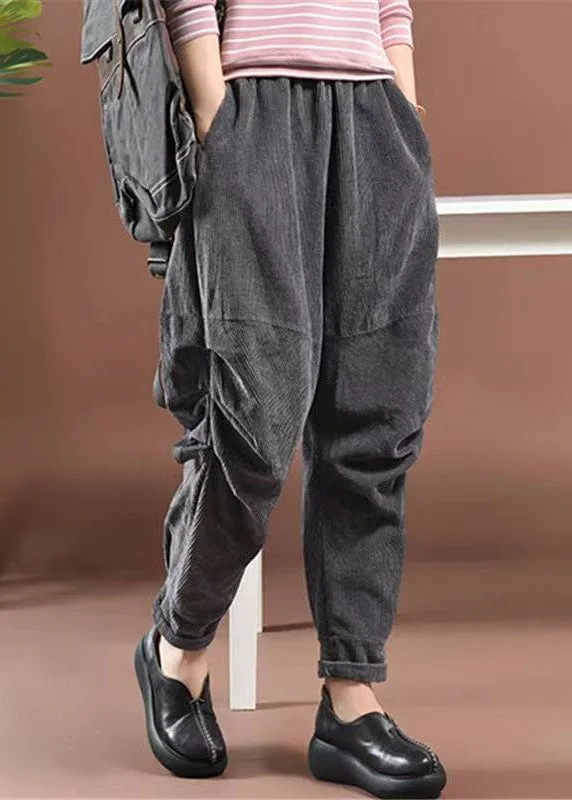 Women Grey Pockets Elastic Waist Corduroy Crop Pants Spring