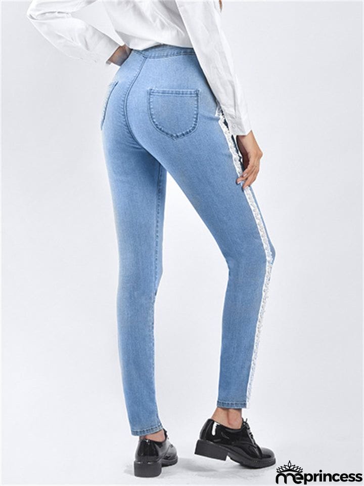 Spring Autumn Pretty White Pearl Woven Tape Thin Denim Jeans for Women
