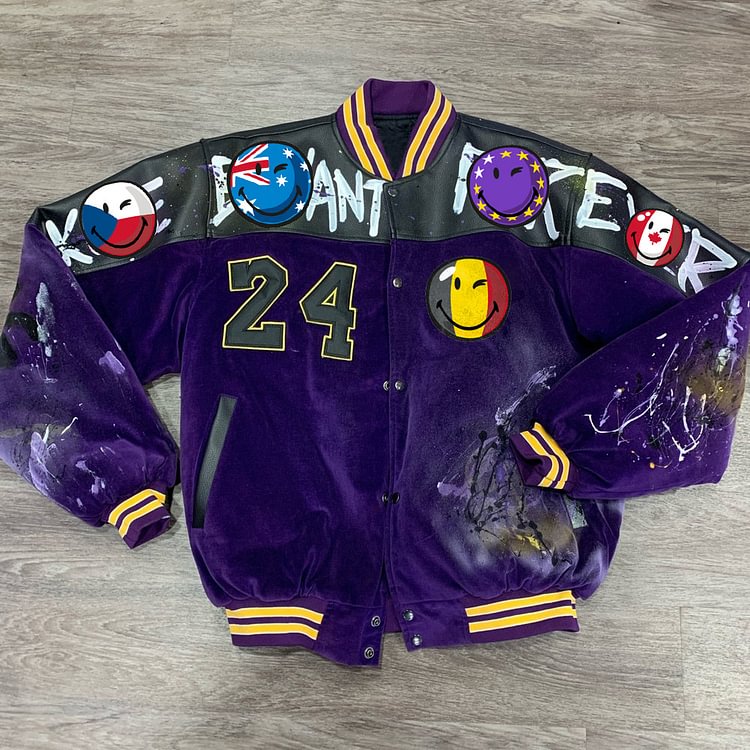 Contrast tie-dye smiley face baseball uniform jacket