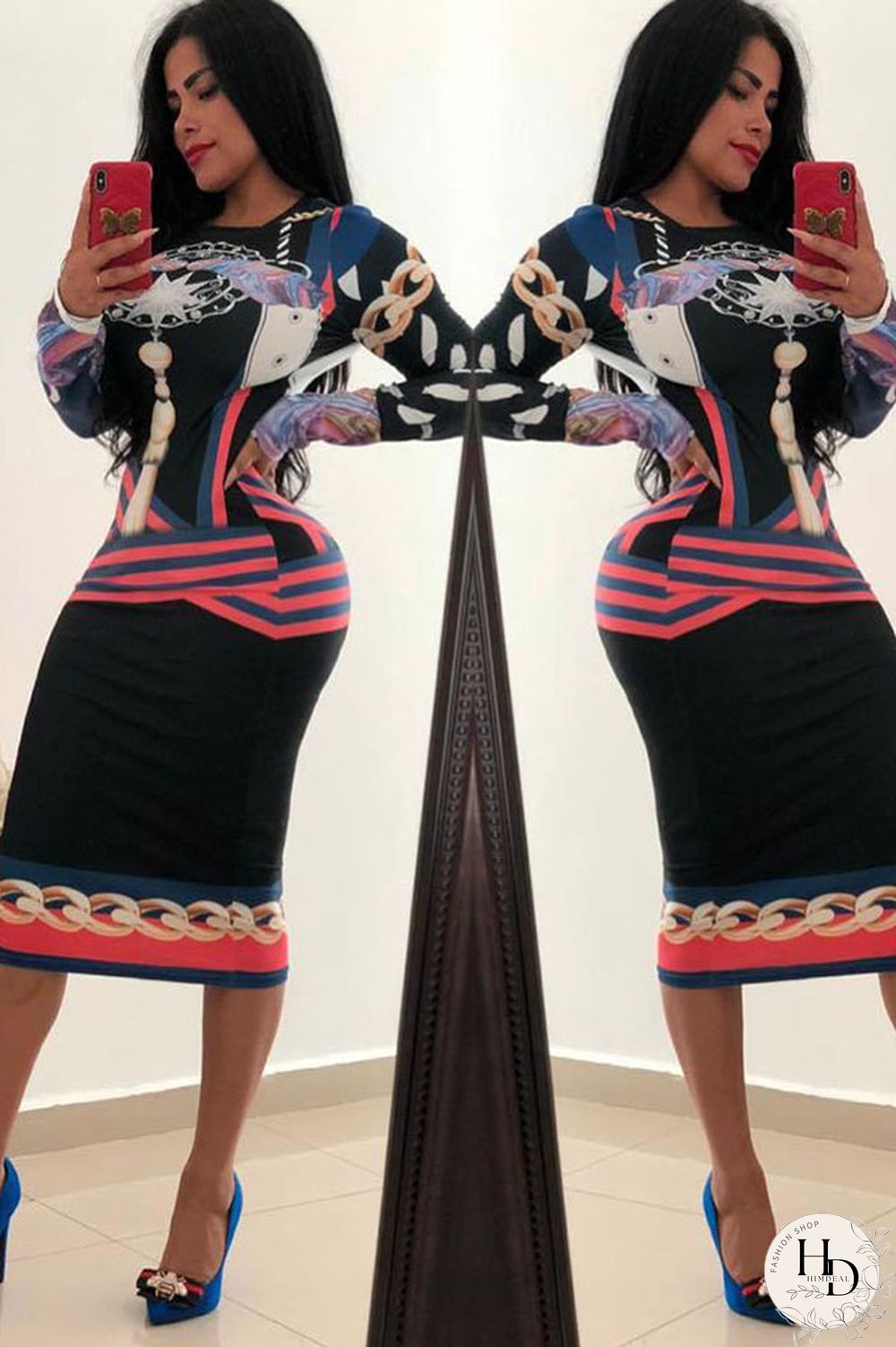 As Show Fashion Long Sleeves O neck Slim Dress Mid-Calf Print Print Dresses