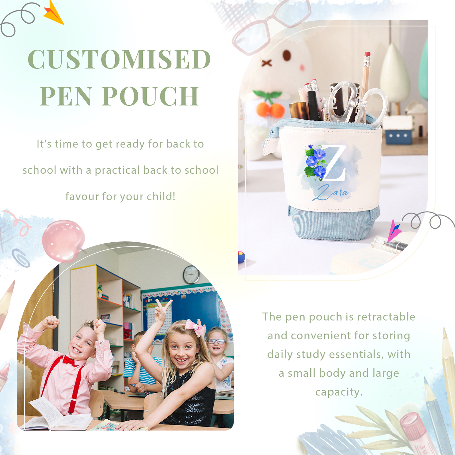 Astuccio per matite personalizzato con 1 nome e 1 lettera e 1 fiore di nascita regalo per scuola elementare bambini