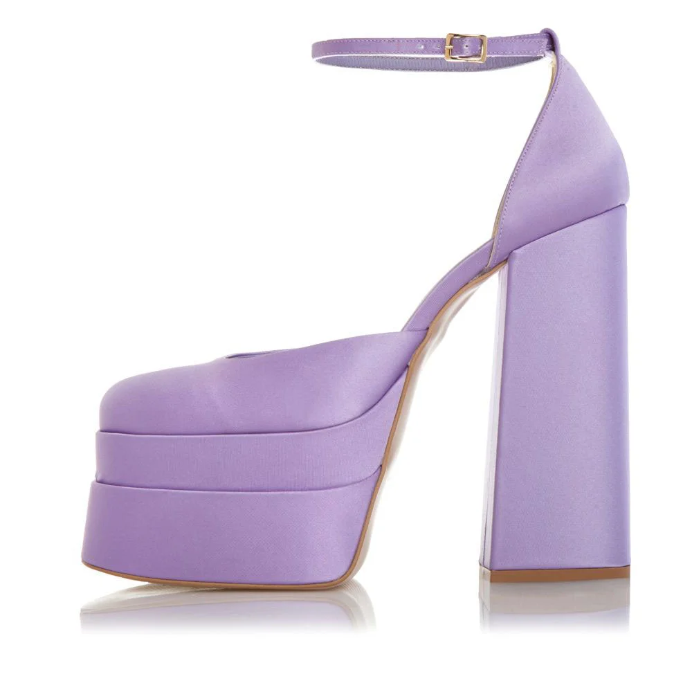 YDN Simple Satin Square Toe Ankle Strap Platform Heels in Purple