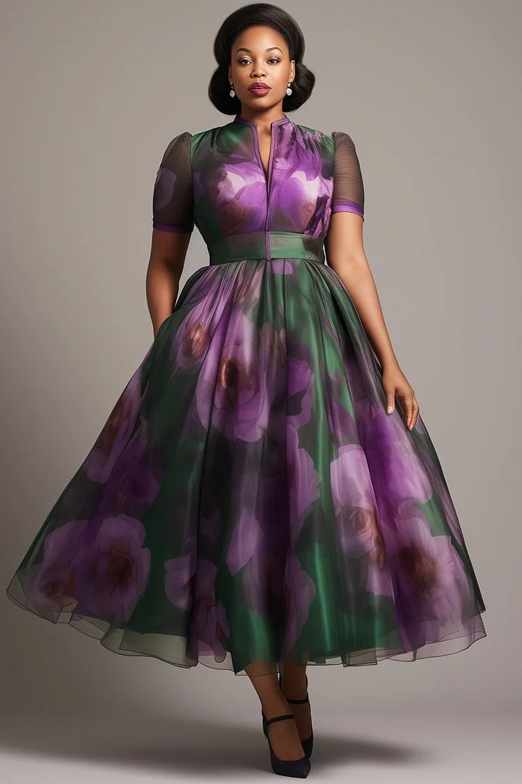 Xpluswear Design Plus Size Wedding Guest Purple Floral Round Neck Short Sleeve Pocket Organza Maxi Dresses 2024 - Xpluswear