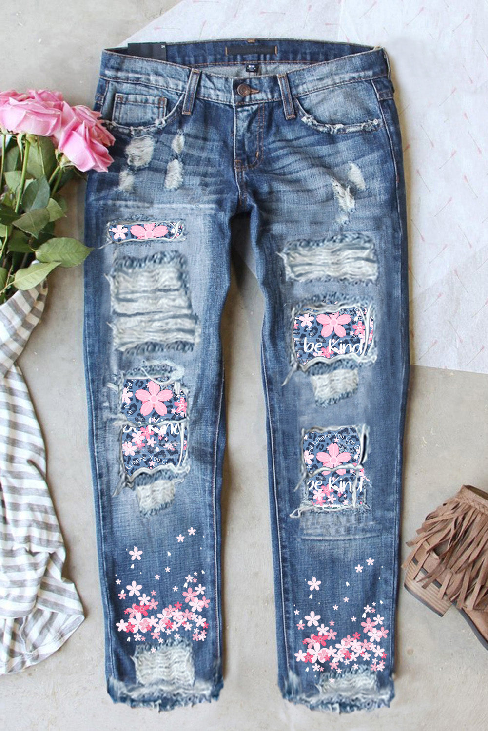 Cherry Blossom Mid Waist Ripped Denim Jeans