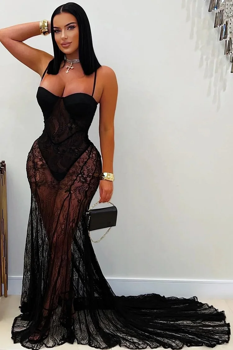 See-Through Lace Basque Waist Party Cami Maxi Mermaid Dresses-Red [Pre Order]