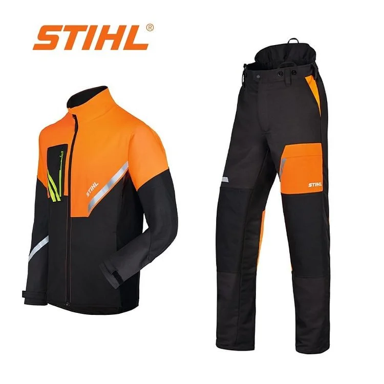 Komplet roboczy STIHL&reg; składający się z kurtki i spodni w kolorze czarno-pomarańczowym ze srebrnymi elementami odblaskowymi