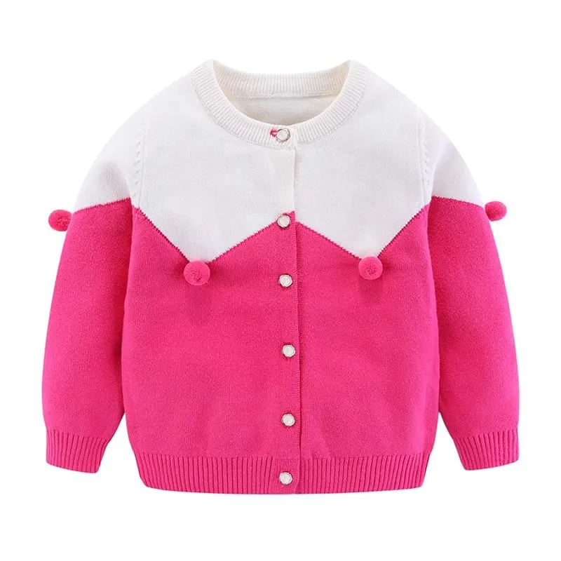 Mudkingdom Baby Girl Cardigan Sweater Autumn Spliced Cute Pompon Kids Knit Outwear